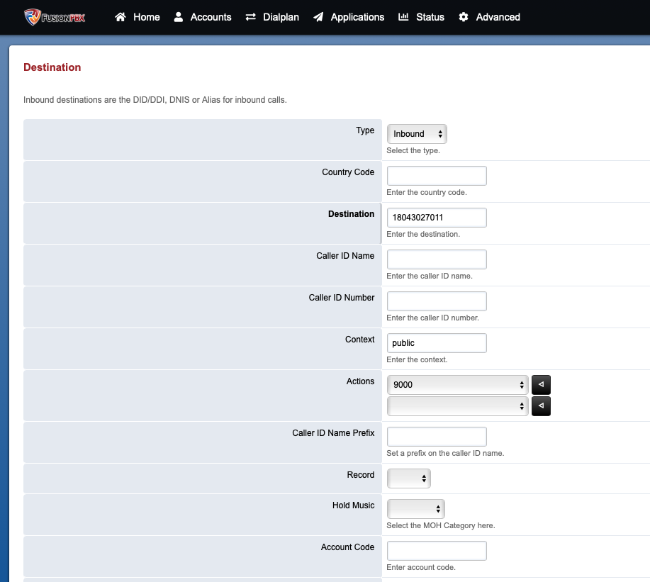 FusionPBX Destinations - T38Fax.com