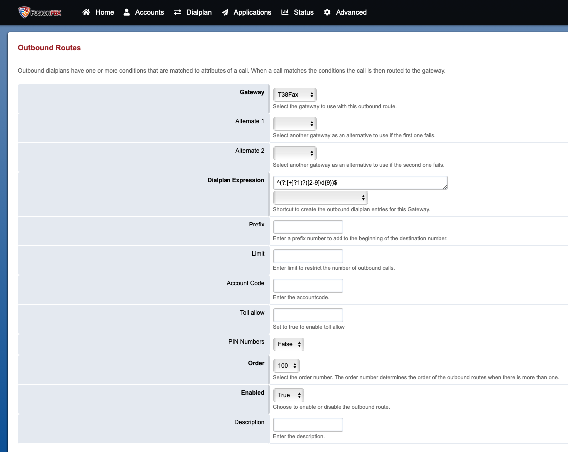 FusionPBX Outbound Routes Wizard - T38Fax.com