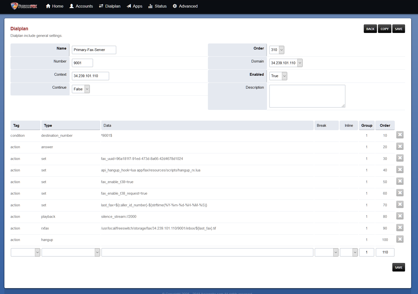 FusionPBX Fax Server Dialplan - T38Fax.com