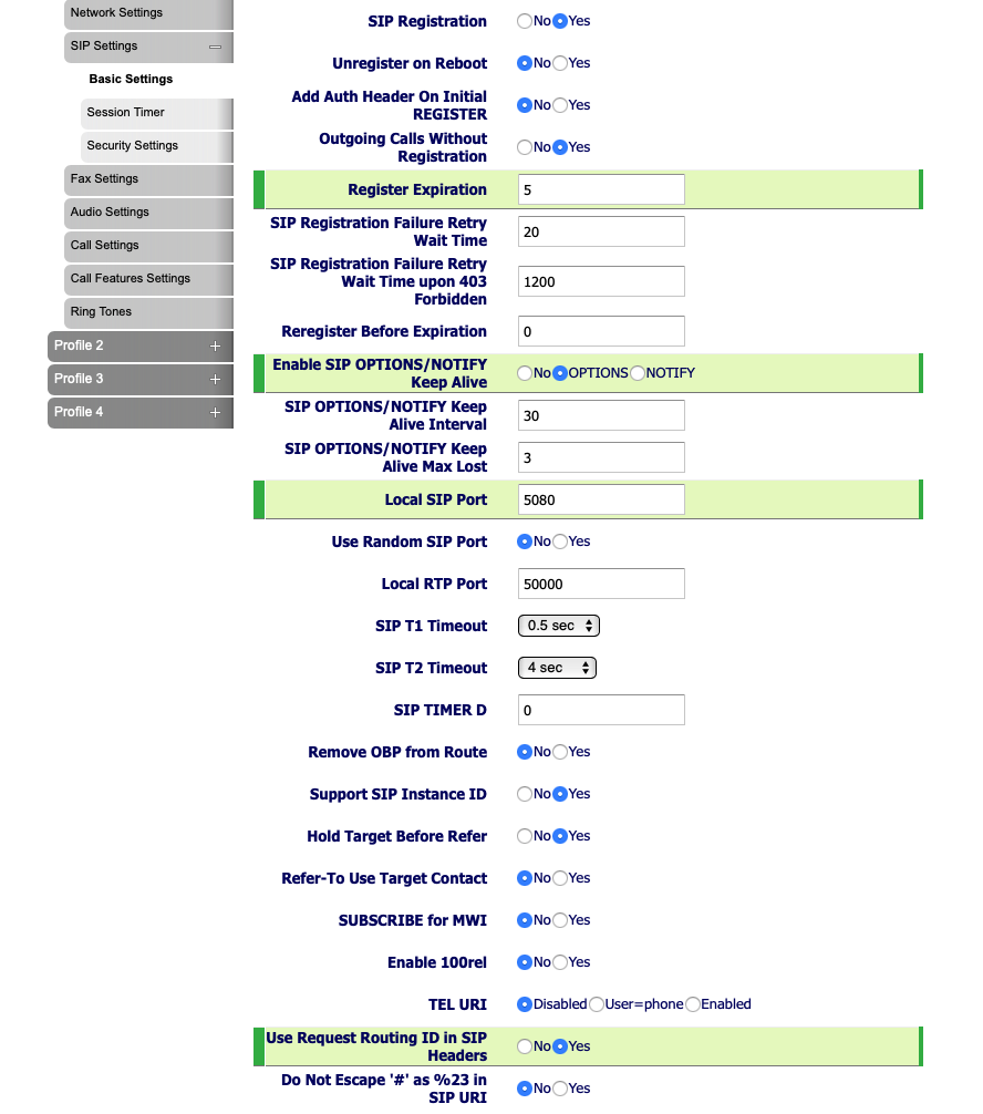 Grandstream GXW4200 - Profile 1 - SIP Settings - Basic Settings