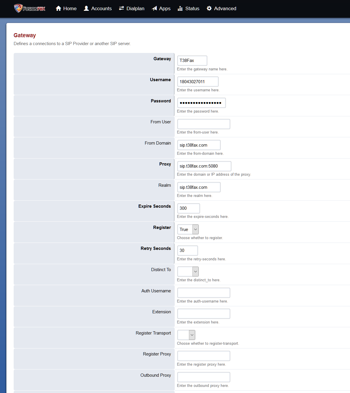 FusionPBX Gateway Configuration: Basic - T38Fax.com